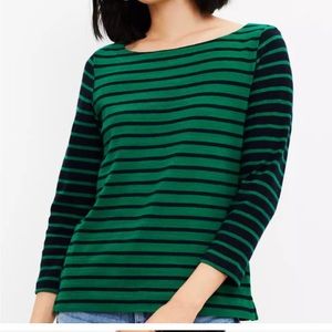 LOFT Green and Black Striped Long Sleeve Tee